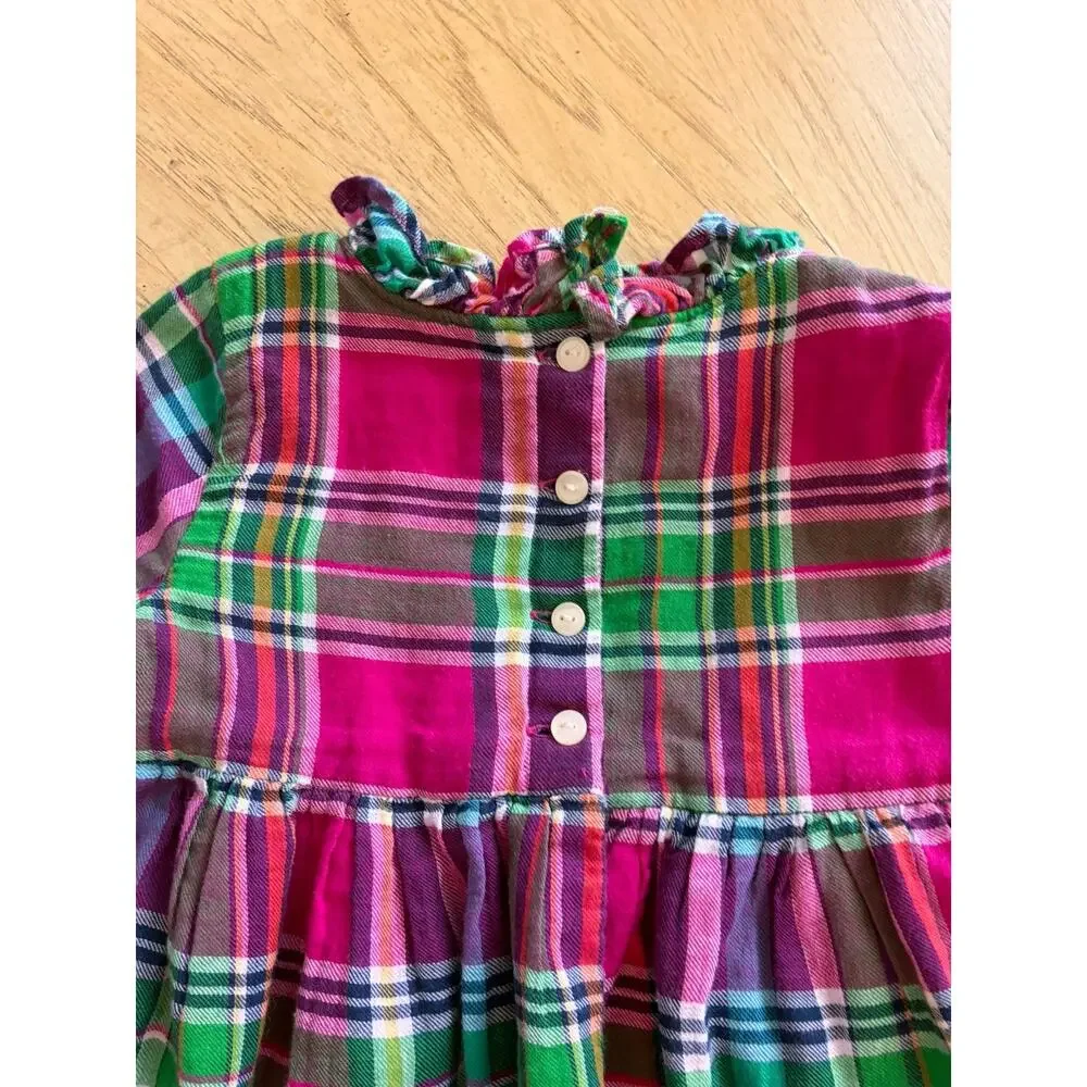 Ralph Lauren Plaid Tartan Babydoll Girls Dress 12M holiday Ruffles Pink Green
